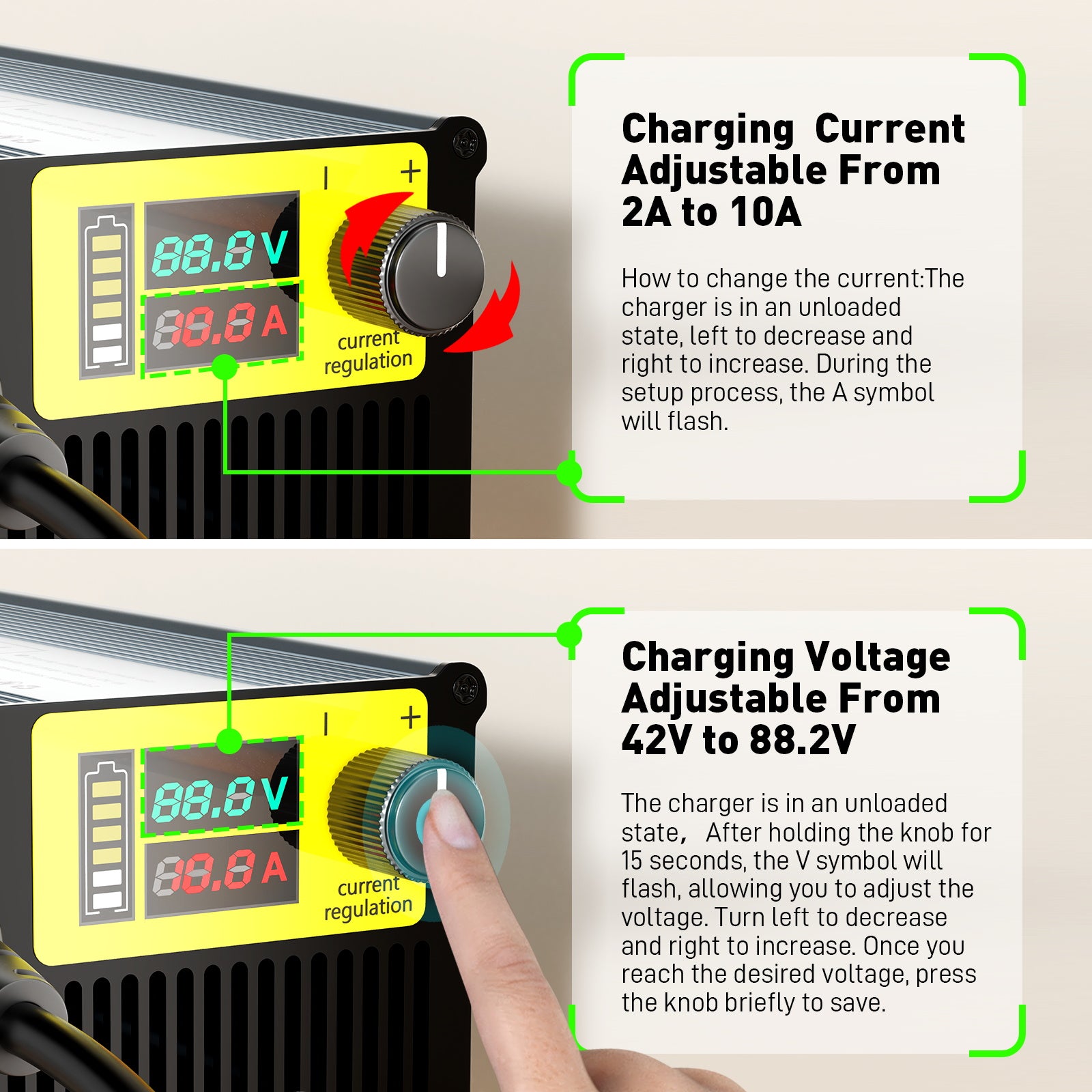 NOEIFEVO 10A Ström 42V-88,2V Spänning Justerbar Li-Ion LiFePO4 Litiumladdare För 36V 48V 60V 72V 84V Batteri