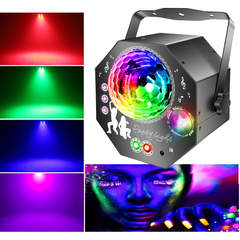 4-i-1-diskokugle – festlys med 64 mønstre, musikstyret discolampe med fjernbetjening, RGB-UV-stroboskop til hjemmet, bar, klub, udendørs og fødselsdage