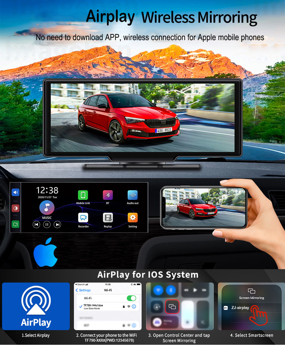 NOEIFEVO C200 10,26 Zoll CarPlay ekran, przenośne radio samochodowe kompatybilne z Apple CarPlay i Android Auto, ekran IPS dotykowy, 4K kamera samochodowa, 1080P kamera tylna, Siri, nawigacja GPS, Bluetooth, MirrorLink, FM