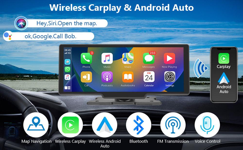 NOEIFEVO C200 10,26 Zoll CarPlay ekran, przenośne radio samochodowe kompatybilne z Apple CarPlay i Android Auto, ekran IPS dotykowy, 4K kamera samochodowa, 1080P kamera tylna, Siri, nawigacja GPS, Bluetooth, MirrorLink, FM