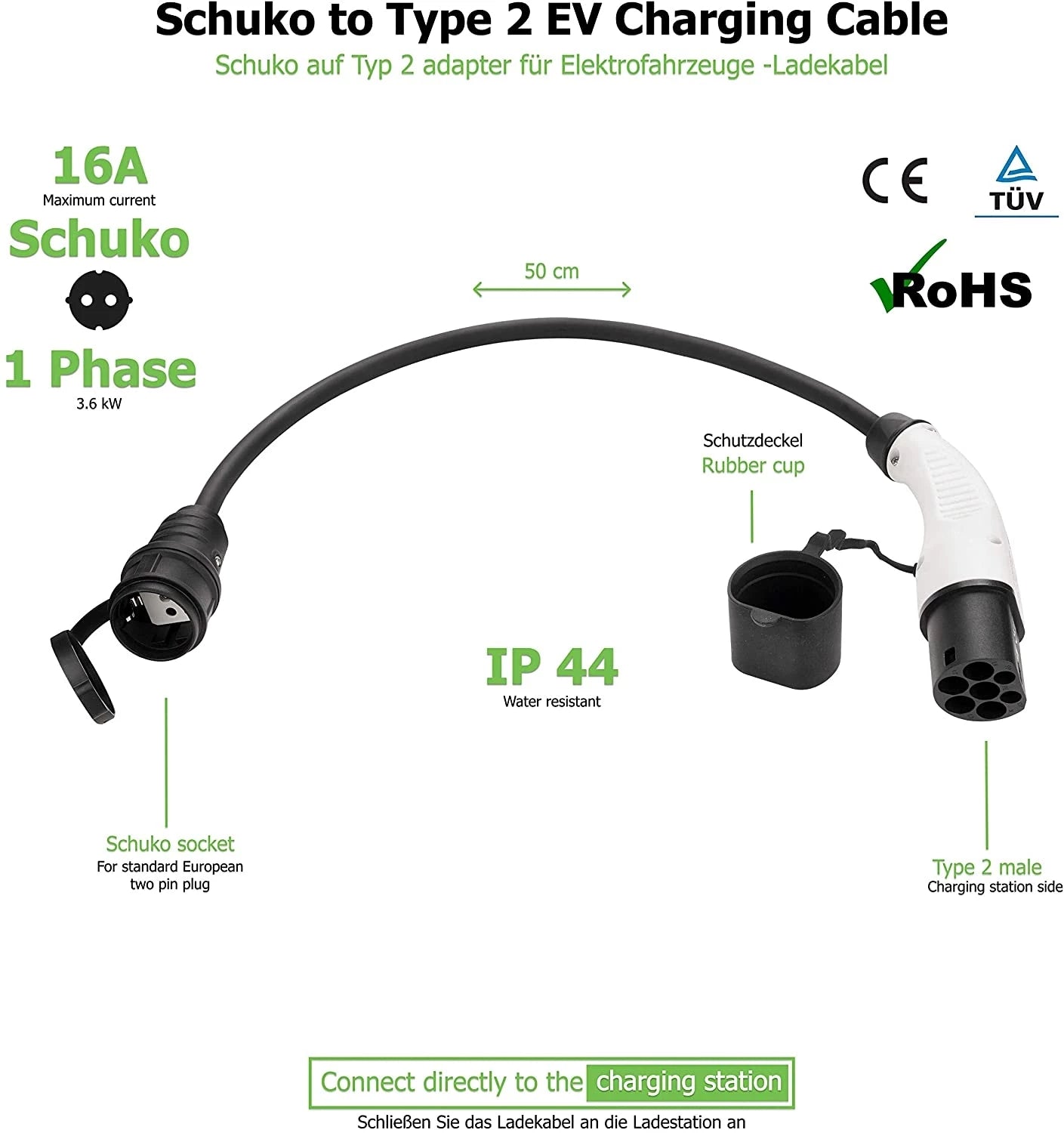 Adapter Typ2 do Schuko, 16A 1-fazowa wtyczka ładowania Typ 2 do europejskiego gniazdka domoweg